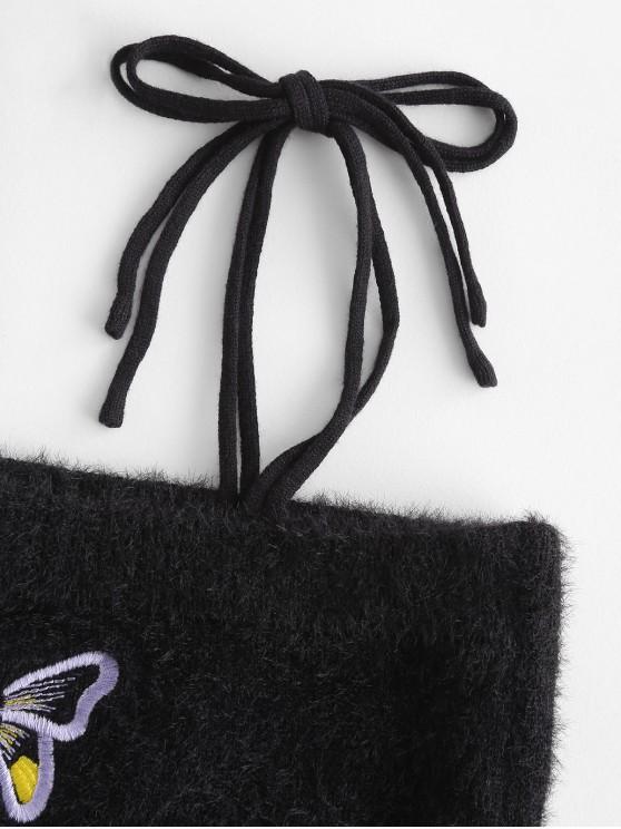 Fuzzy Tie Shoulder Butterfly Embroidered Crop Top - LuckyFash™