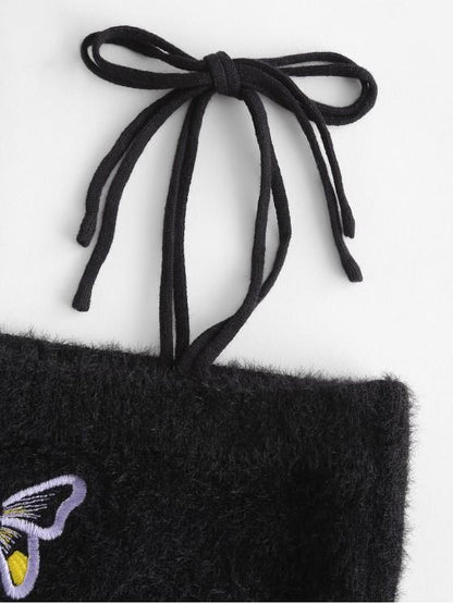 Fuzzy Tie Shoulder Butterfly Embroidered Crop Top - LuckyFash™