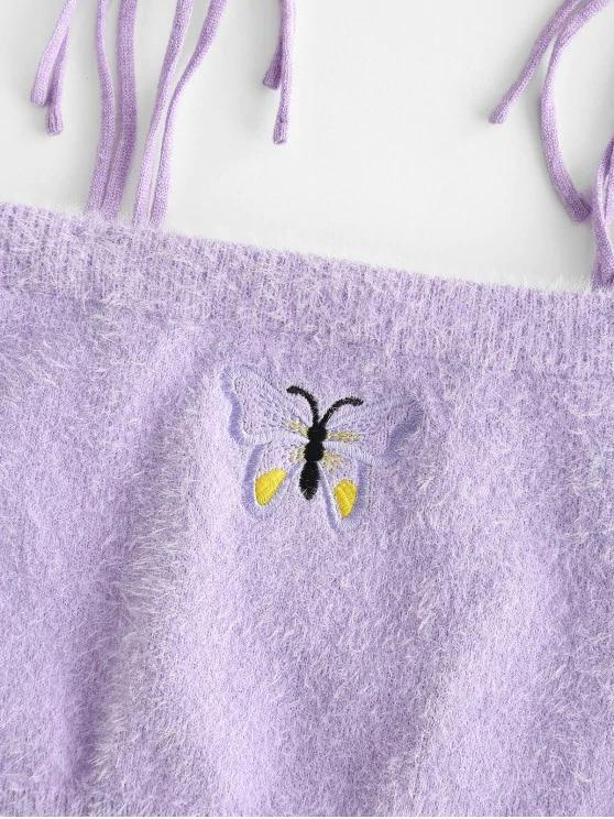Fuzzy Tie Shoulder Butterfly Embroidered Crop Top - LuckyFash™