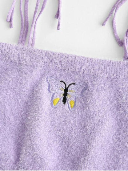 Fuzzy Tie Shoulder Butterfly Embroidered Crop Top - LuckyFash™