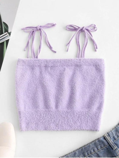 Fuzzy Tie Shoulder Butterfly Embroidered Crop Top - LuckyFash™