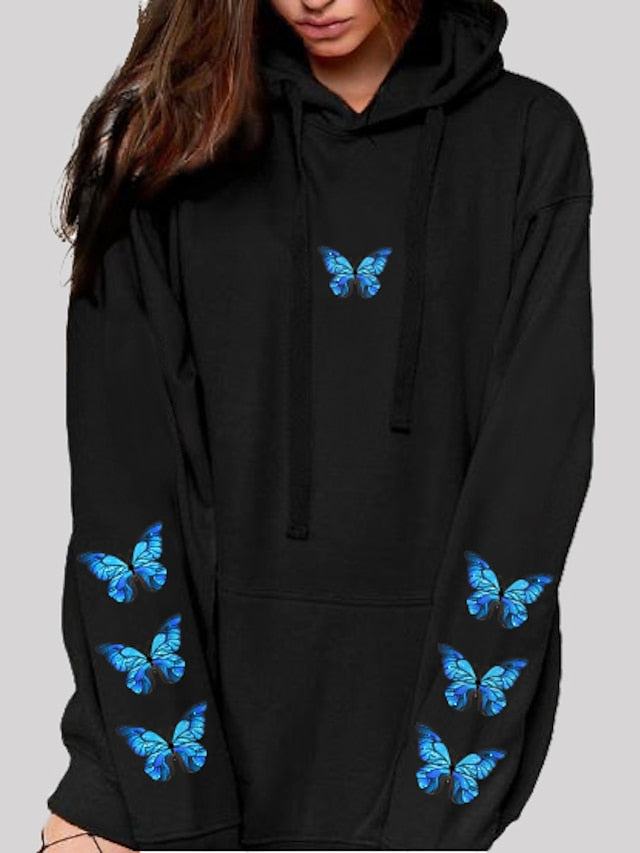Women's Hoodie Pullover Graphic Butterfly Front Pocket Daily Basic Casual Hoodies Sweatshirts  Blushing Pink Black White - LuckyFash™