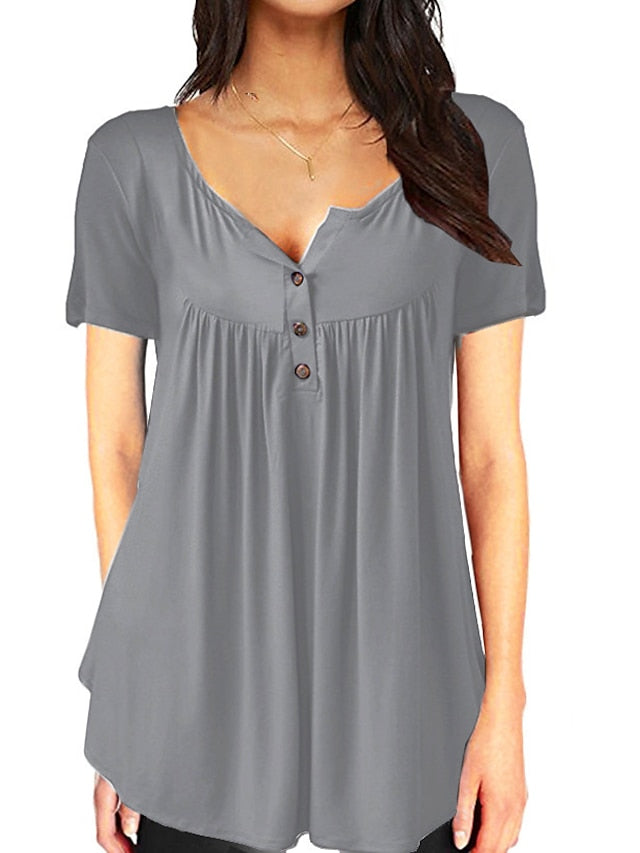 Women's Henley Shirt T shirt Tee Black White Red Plain Button Short Sleeve Casual Daily Basic Daily Casual Round Neck Long S - LuckyFash™