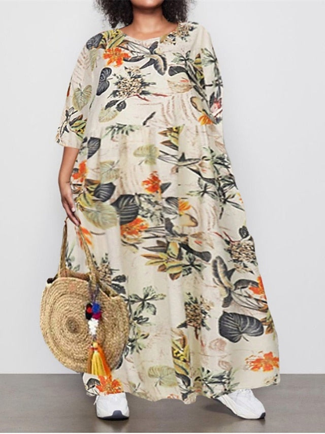 Women's Holiday Dress Floral Crew Neck Ruched Long Sleeve Fall Spring Casual Maxi long Dress Daily Dress Fall Dress Black Dress Loose Fit - LuckyFash™