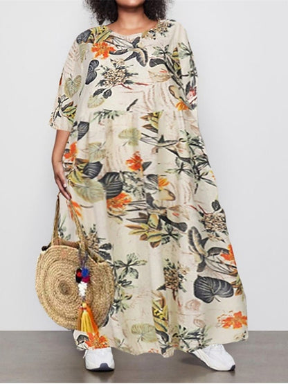 Women's Holiday Dress Floral Crew Neck Ruched Long Sleeve Fall Spring Casual Maxi long Dress Daily Dress Fall Dress Black Dress Loose Fit - LuckyFash™