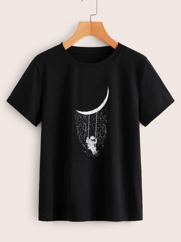 Galaxy & Figure Print Tee - LuckyFash™