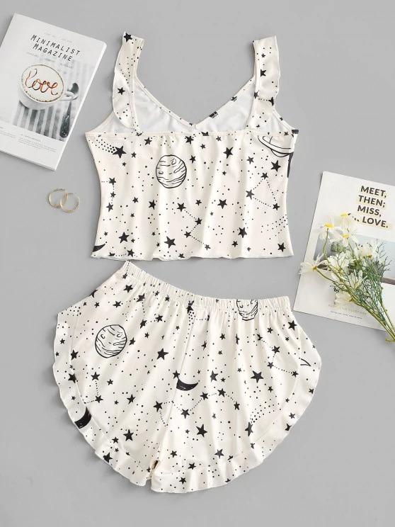 Galaxy Planet Print Ruffled Hem Two Piece Set - LuckyFash™