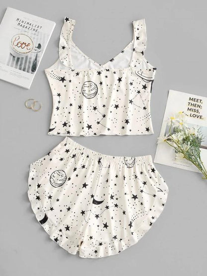 Galaxy Planet Print Ruffled Hem Two Piece Set - LuckyFash™