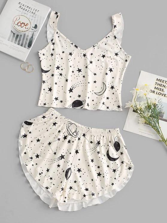 Galaxy Planet Print Ruffled Hem Two Piece Set - LuckyFash™
