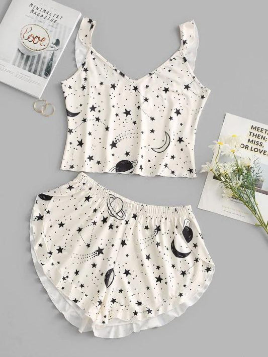 Galaxy Planet Print Ruffled Hem Two Piece Set - LuckyFash™