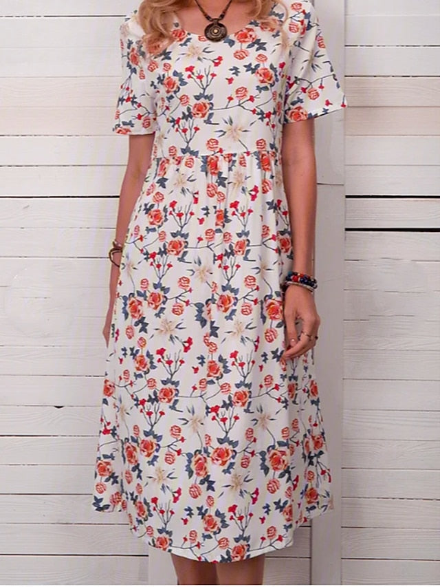 Women's Floral Dress Knee Length Dress Orange Red Short Sleeve Floral Pocket Print Spring Summer Crew Neck Casual 2022 M L XL XXL 3XL - LuckyFash™