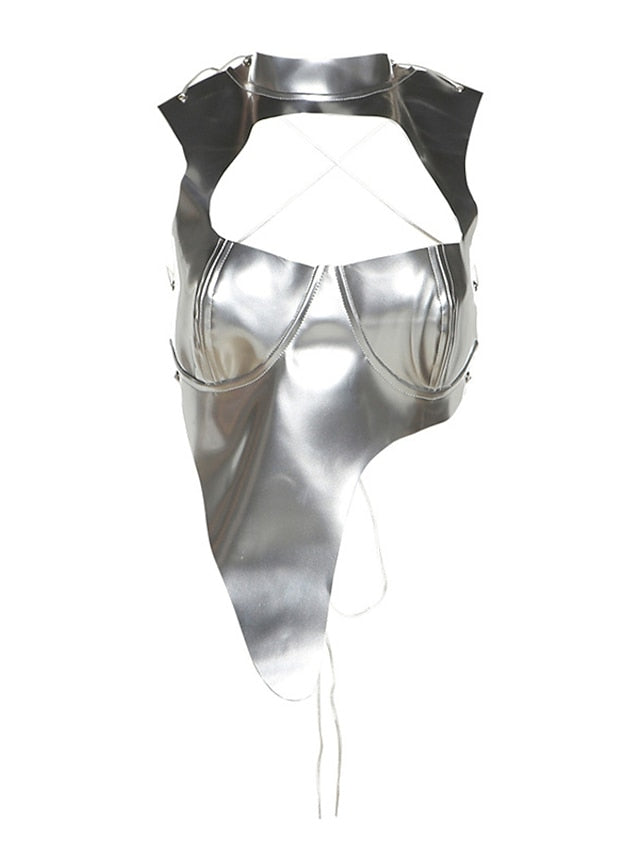 Women's Going Out Tops Halter Crisscross Tank Silver Black Red Plain Cut Out Sleeveless Club Sexy Y2K Halter Crop S - LuckyFash™