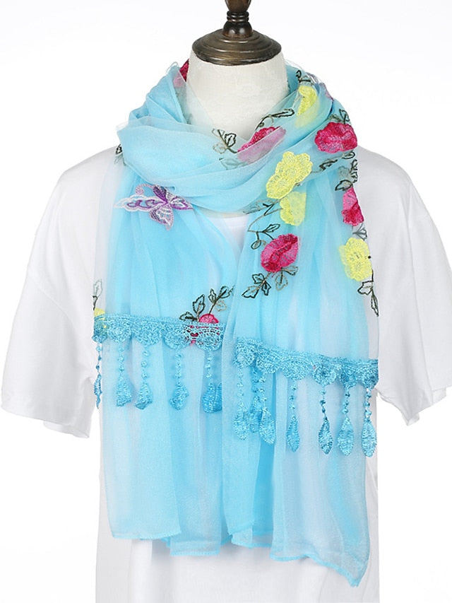 Spring Summer Embroidery Solid Colors Thin Style Hijab Gauze Scarf Women Butterfly Tassel Scarves Daily Dress - LuckyFash™