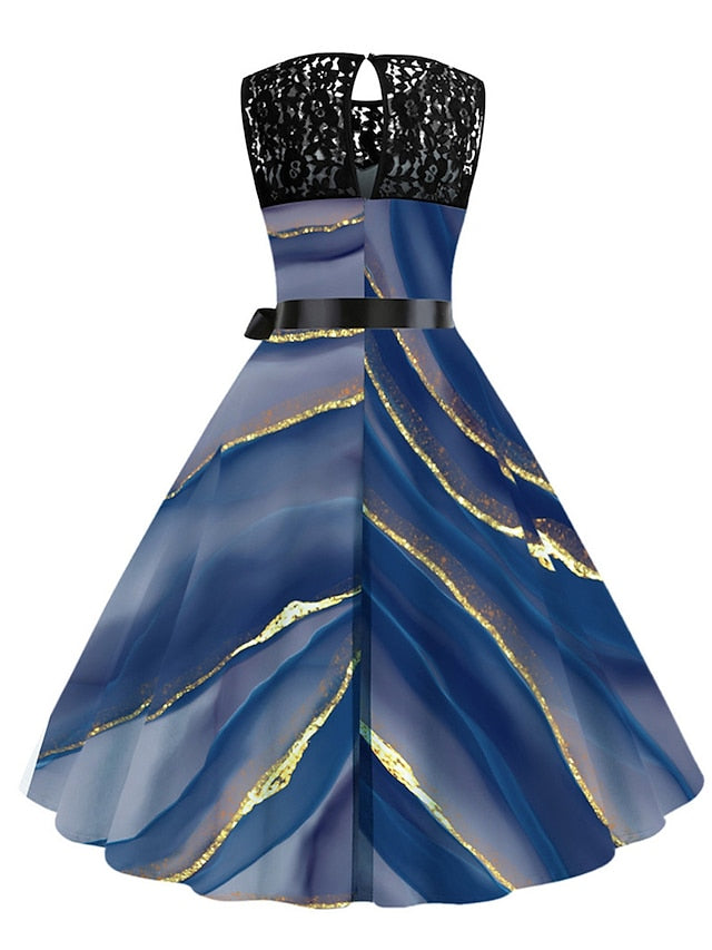 Women's Elegant Retro Lace Dress Midi Dress Outdoor Office Lace Patchwork Butterfly Crew Neck Sleeveless Regular Fit Summer Spring 2023 Navy Blue Blue S M L XL - LuckyFash™