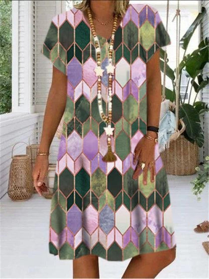 Gem Print V-neck Short Sleeve Dress - LuckyFash™