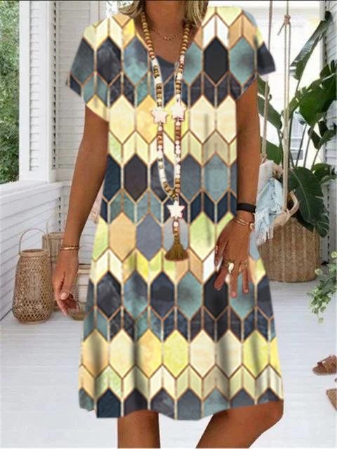 Gem Print V-neck Short Sleeve Dress - LuckyFash™
