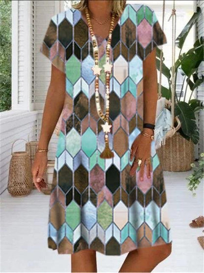 Gem Print V-neck Short Sleeve Dress - LuckyFash™