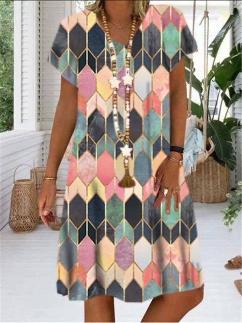 Gem Print V-neck Short Sleeve Dress - LuckyFash™
