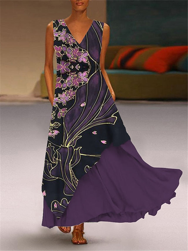 Women's Floral Shift Dress Blue Purple Pink Sleeveless Spring Summer V Neck Modern M L XL XXL XXXL 4XL 5XL - LuckyFash™