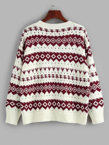 Geo Drop Shoulder Pointelle Knit Sweater - LuckyFash™