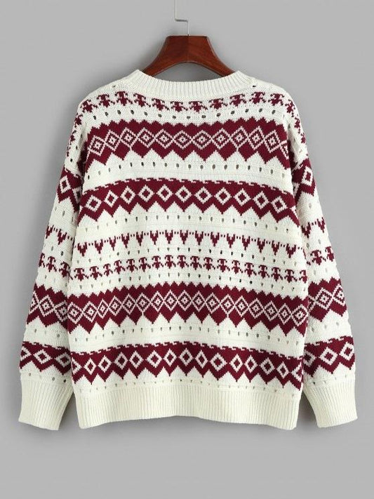 Geo Drop Shoulder Pointelle Knit Sweater - LuckyFash™