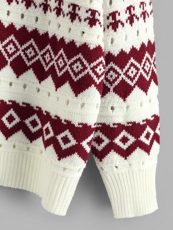 Geo Drop Shoulder Pointelle Knit Sweater - LuckyFash™