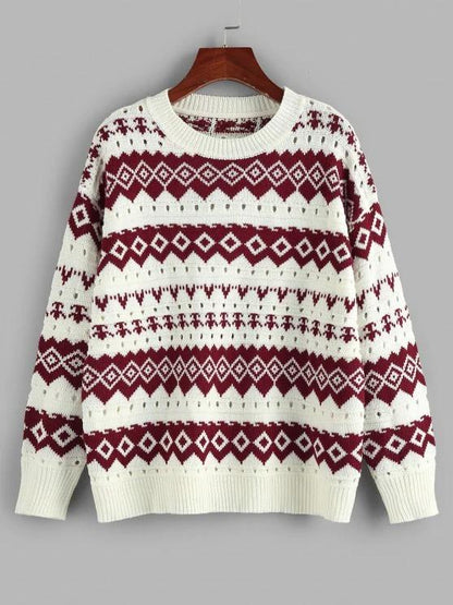 Geo Drop Shoulder Pointelle Knit Sweater - LuckyFash™