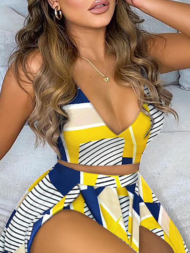 Geo Pattern Colorblock Crop Top & High Slit Maxi Skirt Set - LuckyFash™