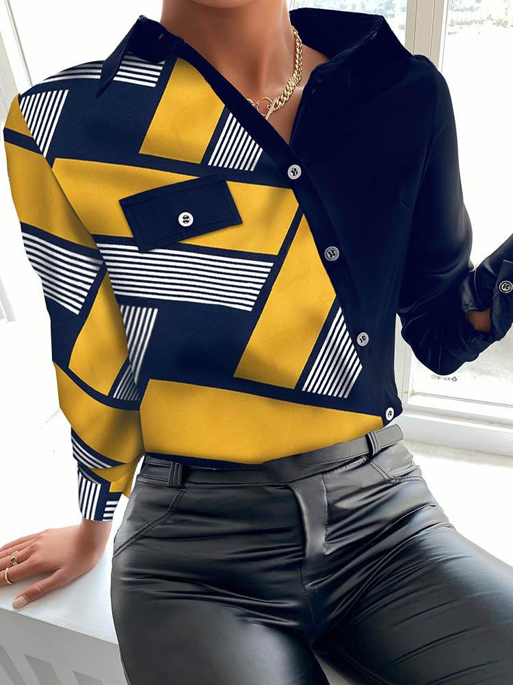 Geometric Print Long Sleeve Buttoned Up Shirt - LuckyFash™