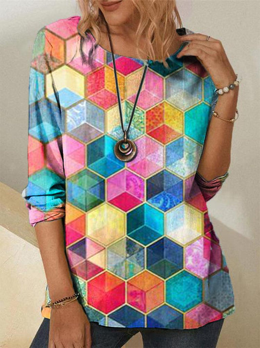 Geometric Print Round Neck Long Sleeve T-shirt - LuckyFash™