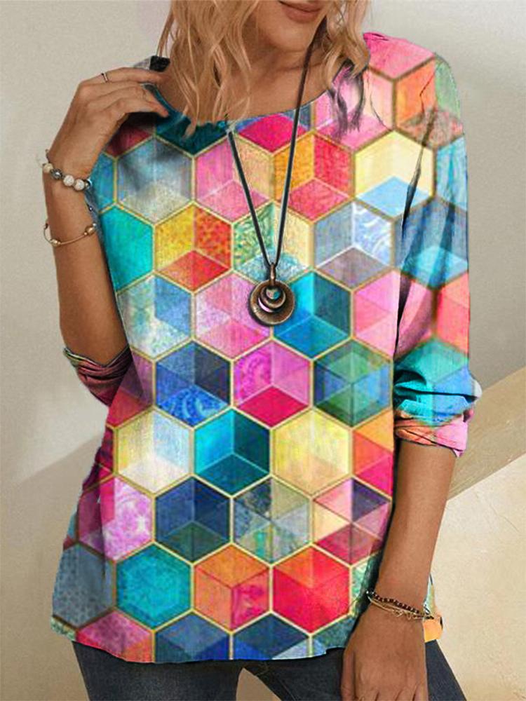 Geometric Print Round Neck Long Sleeve T-shirt - LuckyFash™