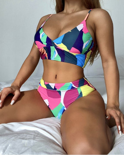Geometric Print V-neck Bikini Set - LuckyFash™