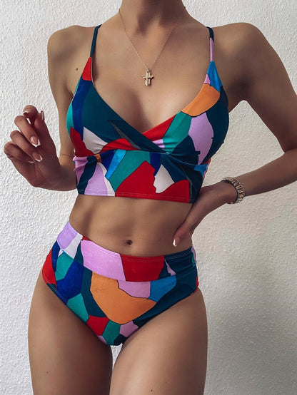 Geometric Print V-neck Bikini Set - LuckyFash™