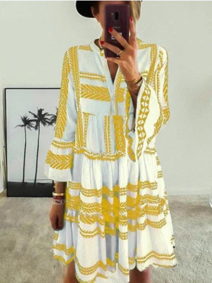 Geometric Print V-Neck Mini Dress - LuckyFash™