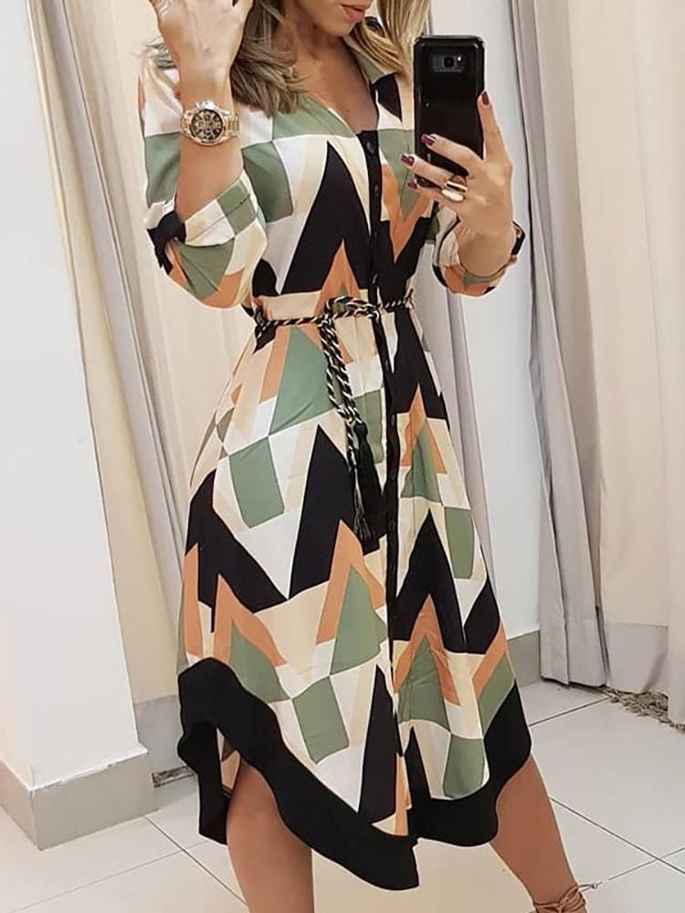 Geometric Print V-neck Shirt Dress With Belt - LuckyFash™