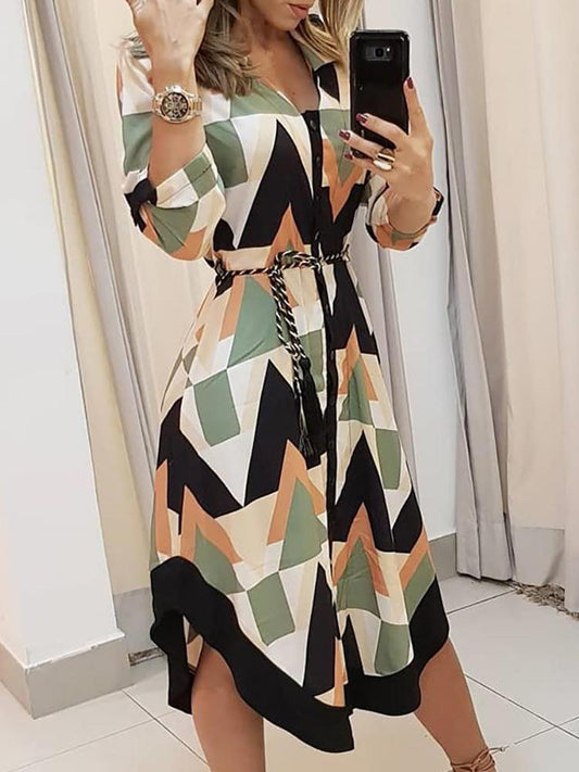 Geometric Print V-neck Shirt Dress With Belt - LuckyFash™