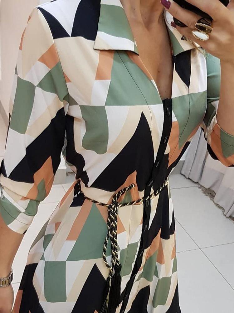 Geometric Print V-neck Shirt Dress With Belt - LuckyFash™