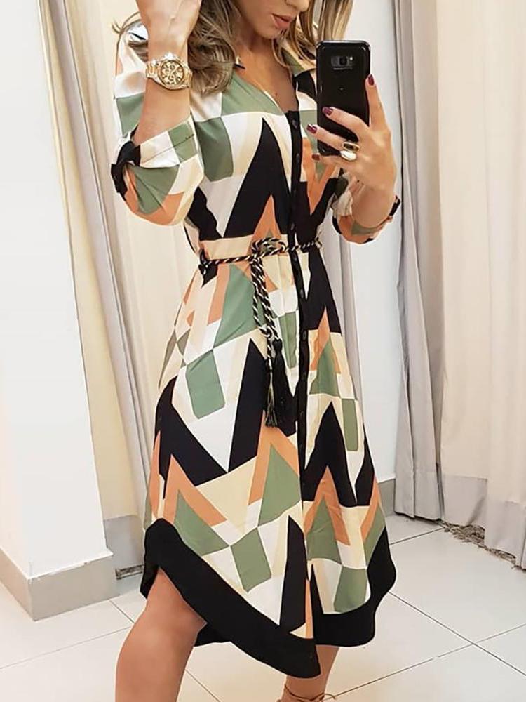 Geometric Print V-neck Shirt Dress With Belt - LuckyFash™