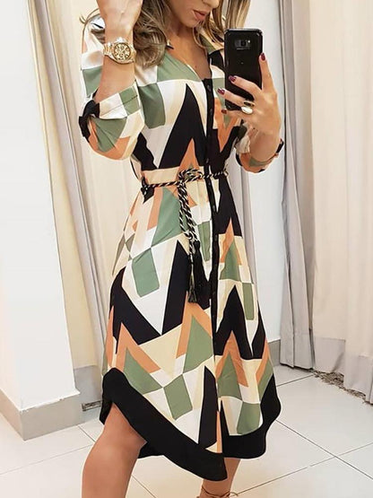 Geometric Print V-neck Shirt Dress With Belt - LuckyFash™