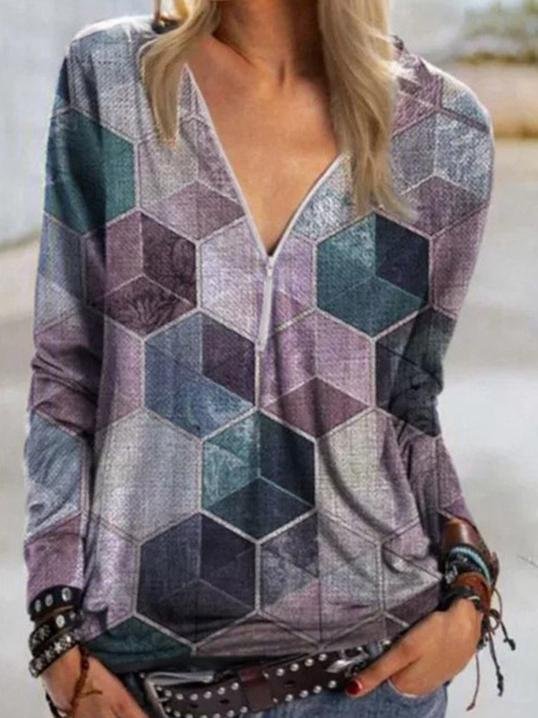 Geometric Print V-neck Zipper Long-sleeved T-shirt - LuckyFash™