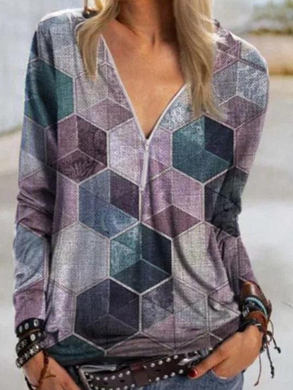 Geometric Print V-neck Zipper Long-sleeved T-shirt - LuckyFash™