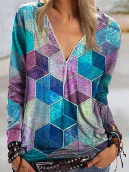 Geometric Print V-neck Zipper Long-sleeved T-shirt - LuckyFash™