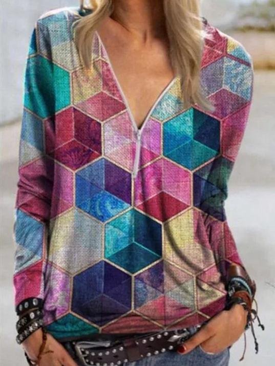 Geometric Print V-neck Zipper Long-sleeved T-shirt - LuckyFash™