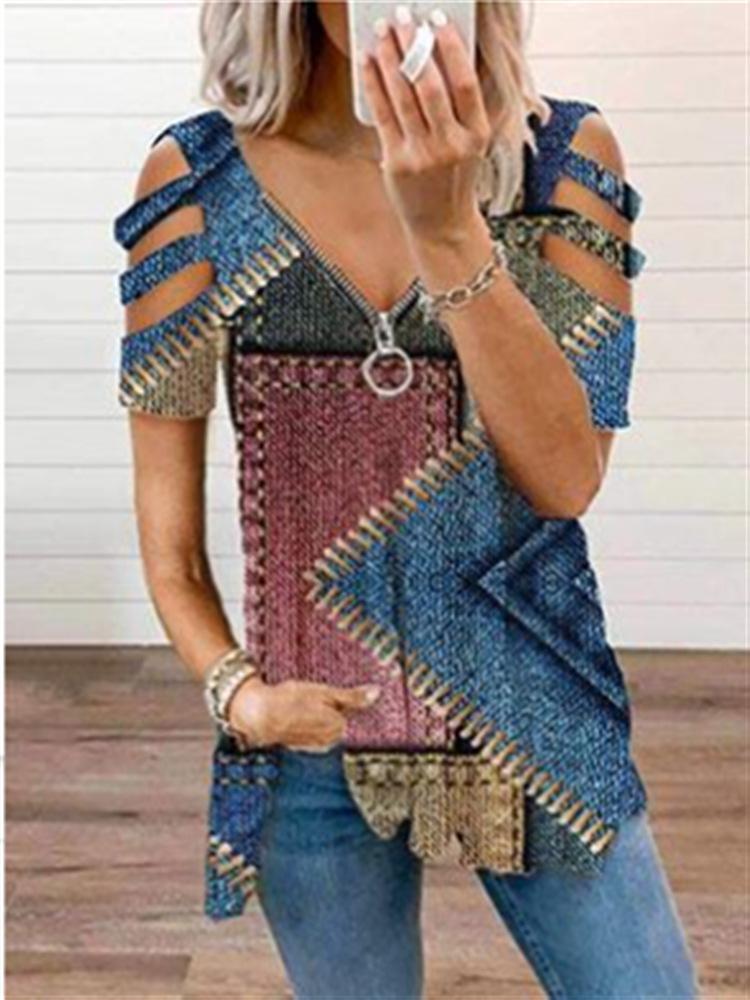 Geometric Print V-Neck Zipper Short Sleeve T-Shirt - LuckyFash™