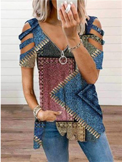 Geometric Print V-Neck Zipper Short Sleeve T-Shirt - LuckyFash™