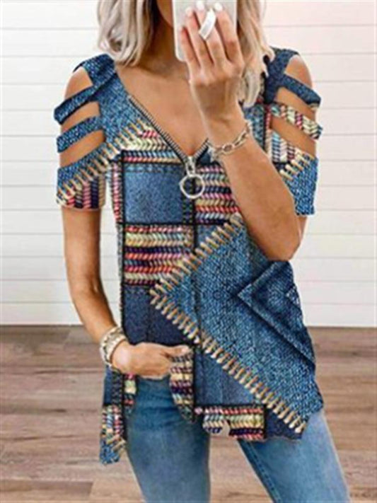 Geometric Print V-Neck Zipper Short Sleeve T-Shirt - LuckyFash™