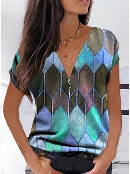 Geometric V-neck Casual T-shirt - LuckyFash™