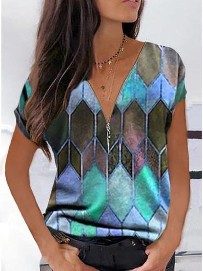 Geometric V-neck Casual T-shirt - LuckyFash™