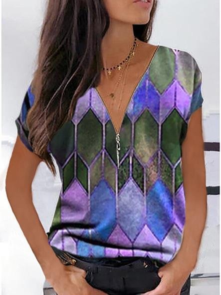 Geometric V-neck Casual T-shirt - LuckyFash™