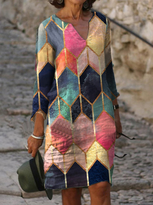 Geometry Print Colorblock Slim Cut Midi Dress - LuckyFash™